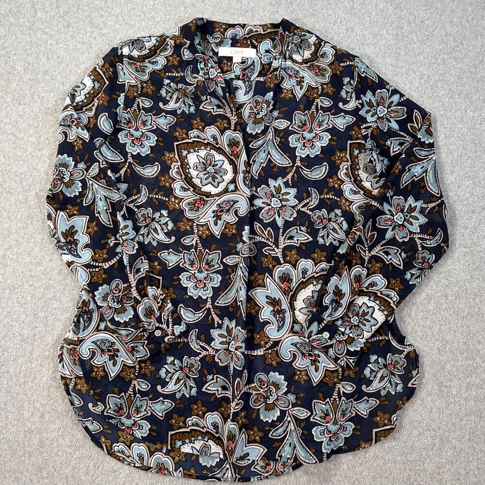 Loft Women's Small Floral Paisley Sheer Tunic Blouse Navy/Brown V-Neck